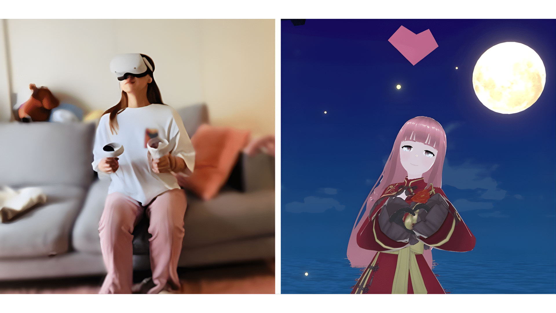 (左図)MetaQuest2でゲームをプレイしている私/(右図)自分で作成したオリジナルアバター